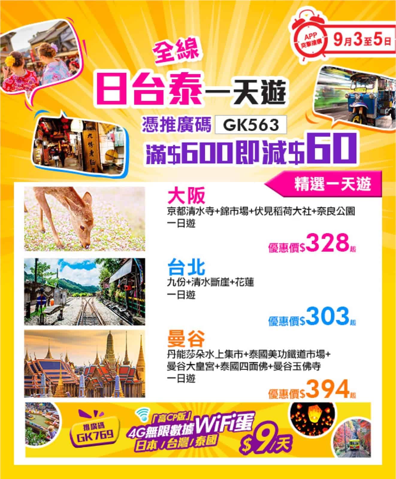 精選慳家人優惠推介：[3天快閃] 永安旅遊 Wingon App 突擊搶購：全線日台泰一天遊即減$60推廣碼＞即刻去睇睇優惠詳情啦！