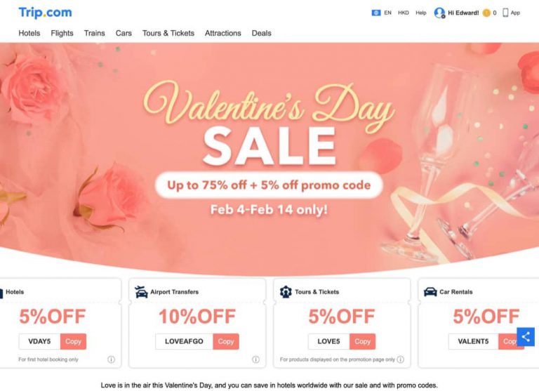 Trip.com 情人節訂酒店優惠：低至25折＋額外95折優惠碼