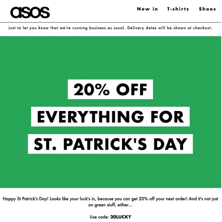 [快閃] ASOS St. Patrick’s Day 全網正價/減價貨額外8折優惠碼