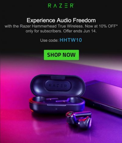 雷蛇 Razer 真．無線耳機 Hammerhead 額外9折優惠碼