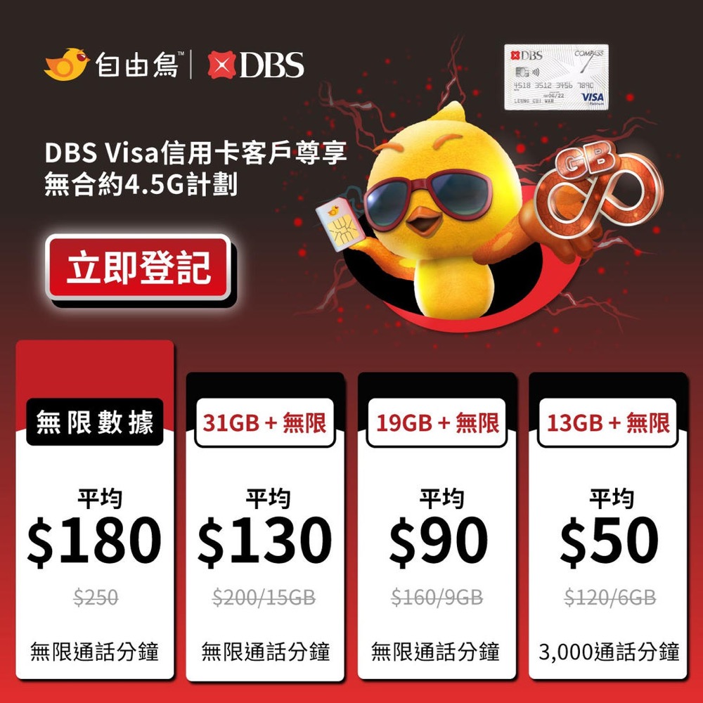 精選慳家人優惠推介：自由鳥Birdie X DBS Compass VISA 上台月月賞：$300月費扣減＋雙倍數據＞即刻去睇睇優惠詳情啦！
