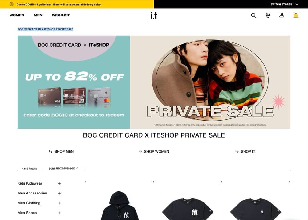 精選慳家人優惠推介：ITeSHOP X BOC中銀信用卡 private sale 低至2折＋額外9折優惠碼：最平$67就有！＞即刻去睇睇優惠詳情啦！