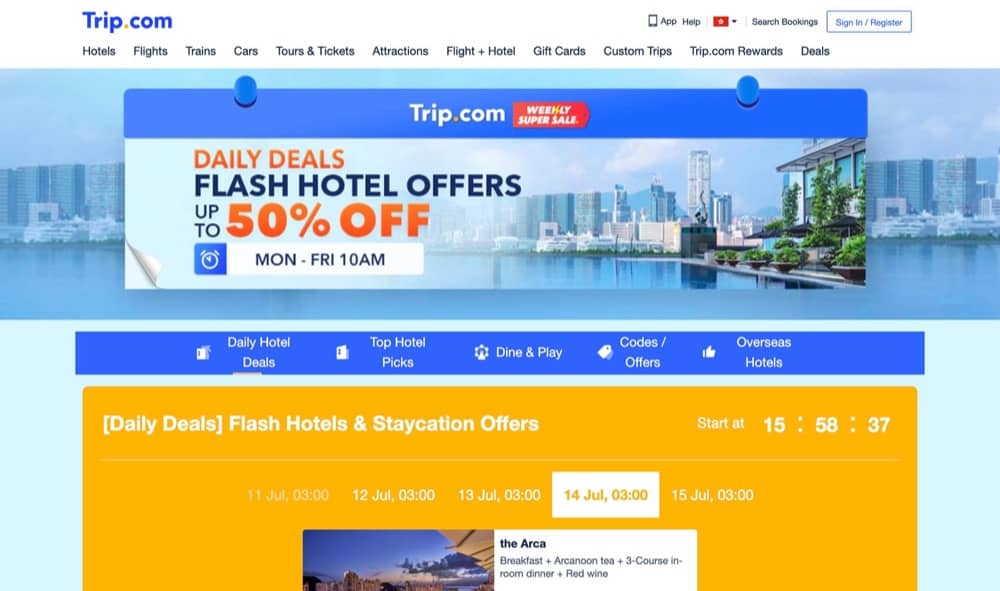 精選慳家人優惠推介：Trip.com 2022年7月25日至30日 Mega Sale：香港港威酒店馬哥孛羅、英皇駿景酒店等包兩餐HK$1,060起；馬灣酒店東南亞主題Buffet親子優惠人均低至HK$270＞即刻去睇睇優惠詳情啦！