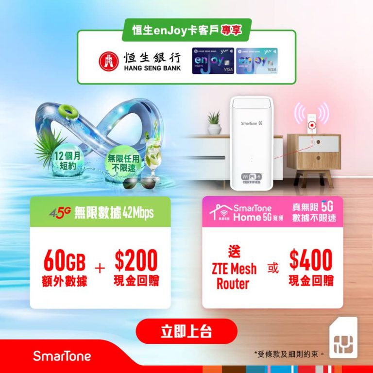數碼通 SmarTone X 恒生enJoy卡上台獨家優惠：$200回贈